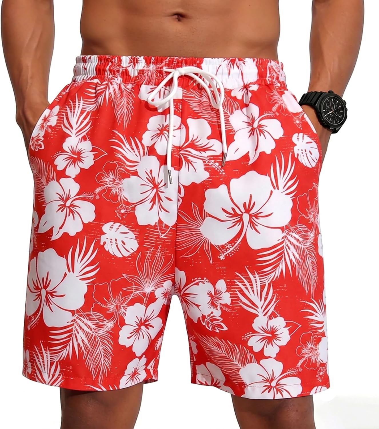 Men's Hawaiian Shorts Tropical Floral Beach Summer Elastic Drawstring Waist