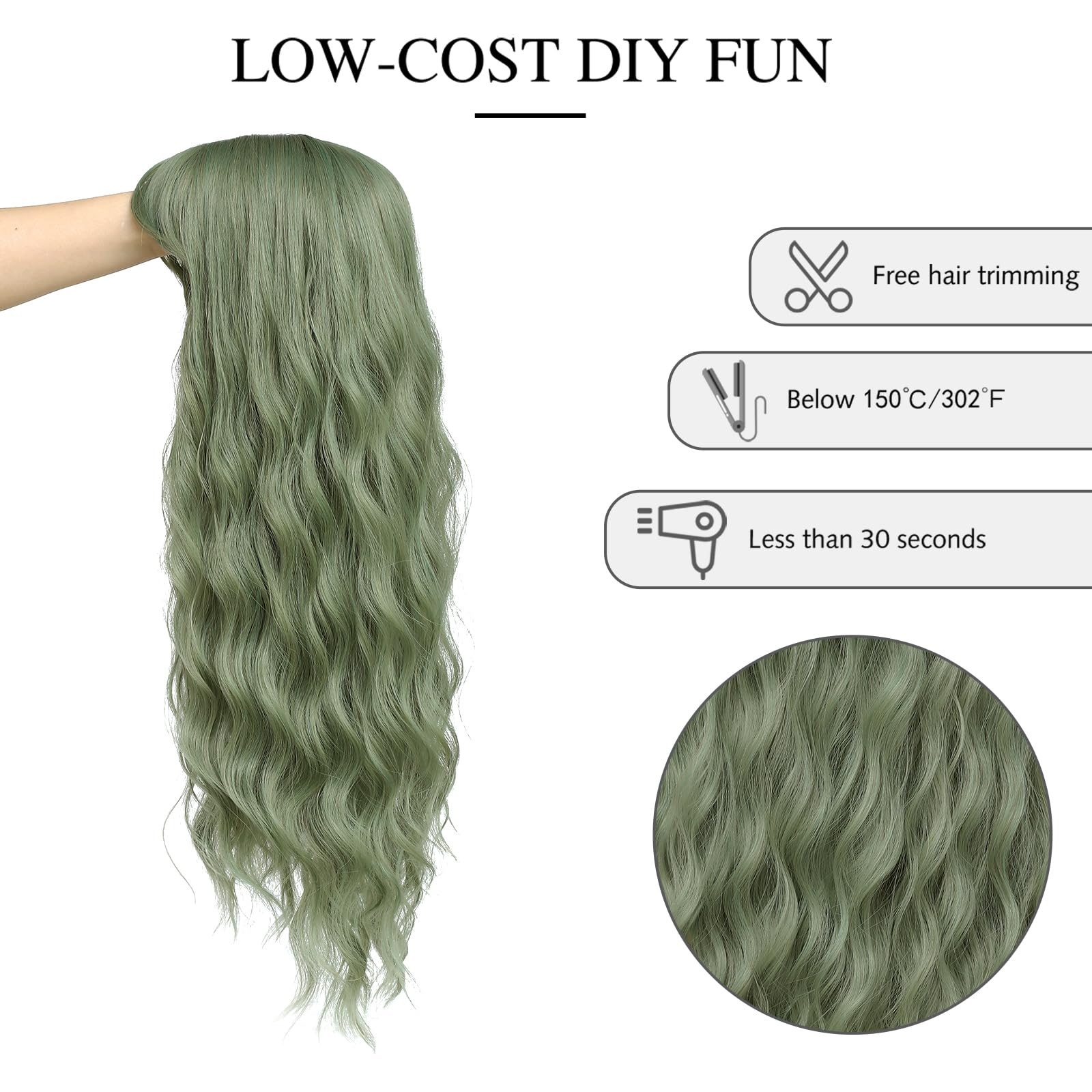 Yamel Long Wigs for Women with Fringe 24 inch Adjustable Curly Wavy Synthetic Hair Wig Cosplay Daily Use Haze Green Wigs - Image 4
