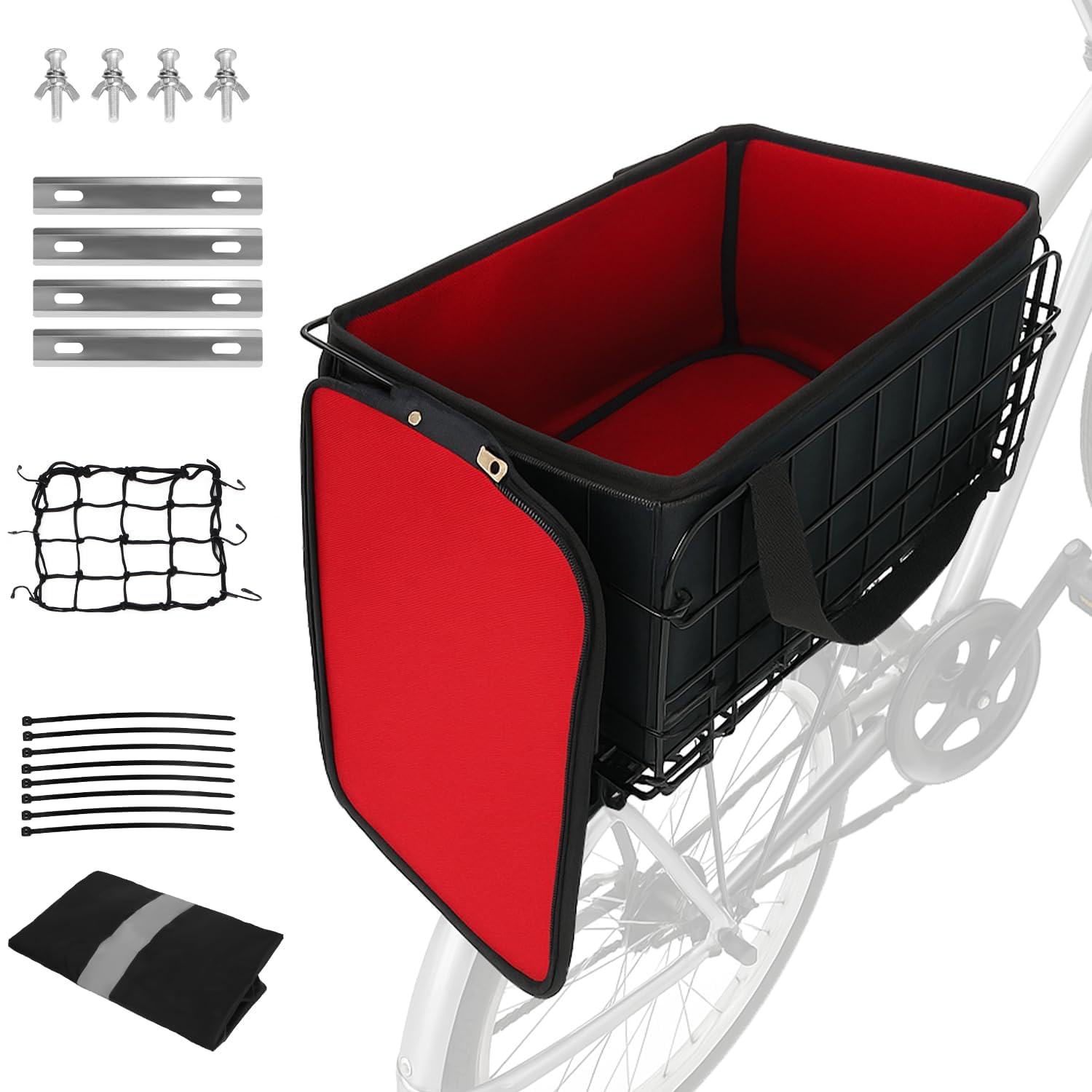 Cesta Trasera Bicicleta de Metal con Bolsillo Interior, Cesta Portaequipajes Universal para Compra Viaje Transporte de Mascotas y Alimentos, Compatible con Bicicletas y Bicicletas Eléctricas