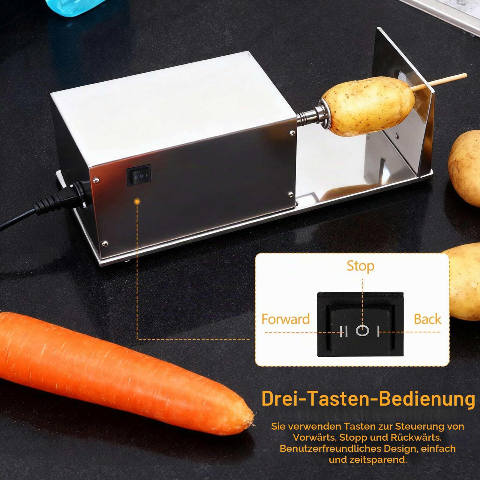 Elektrischer Spiralschneider, Edelstahl Spiralschneider Elektrischer Tornado Kartoffelschneider Kartoffelspiralenschneider Automatischer für Obst Kartoffeln Gurken Karotten 50W 220V