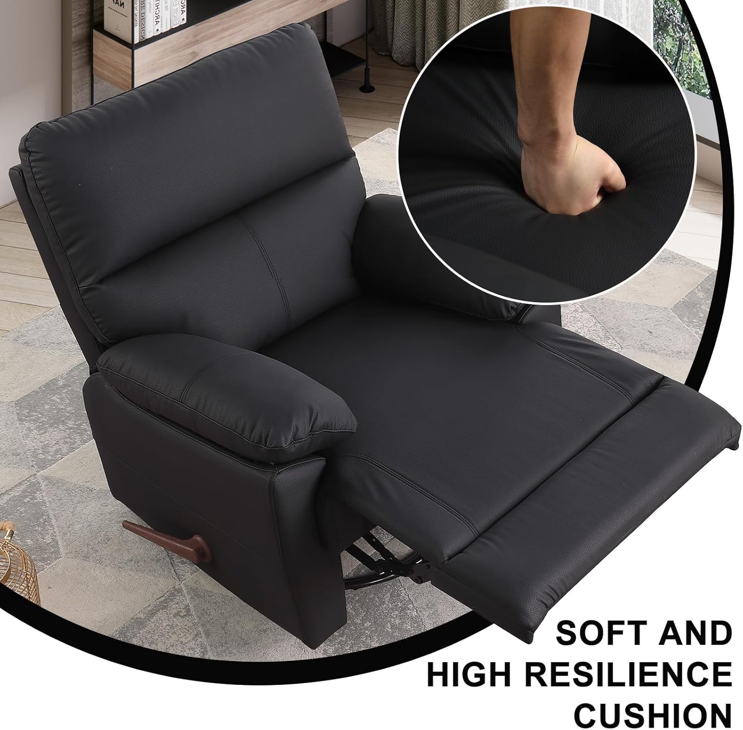 Manual Recliner Chair with Lever Handle, 360° Swivel Elderly Rocker Recliner Chairs, Glider Rocking Chair Nursery, Upholstered Recliner Sofa Chair for Living Room, Small Spaces (Black)