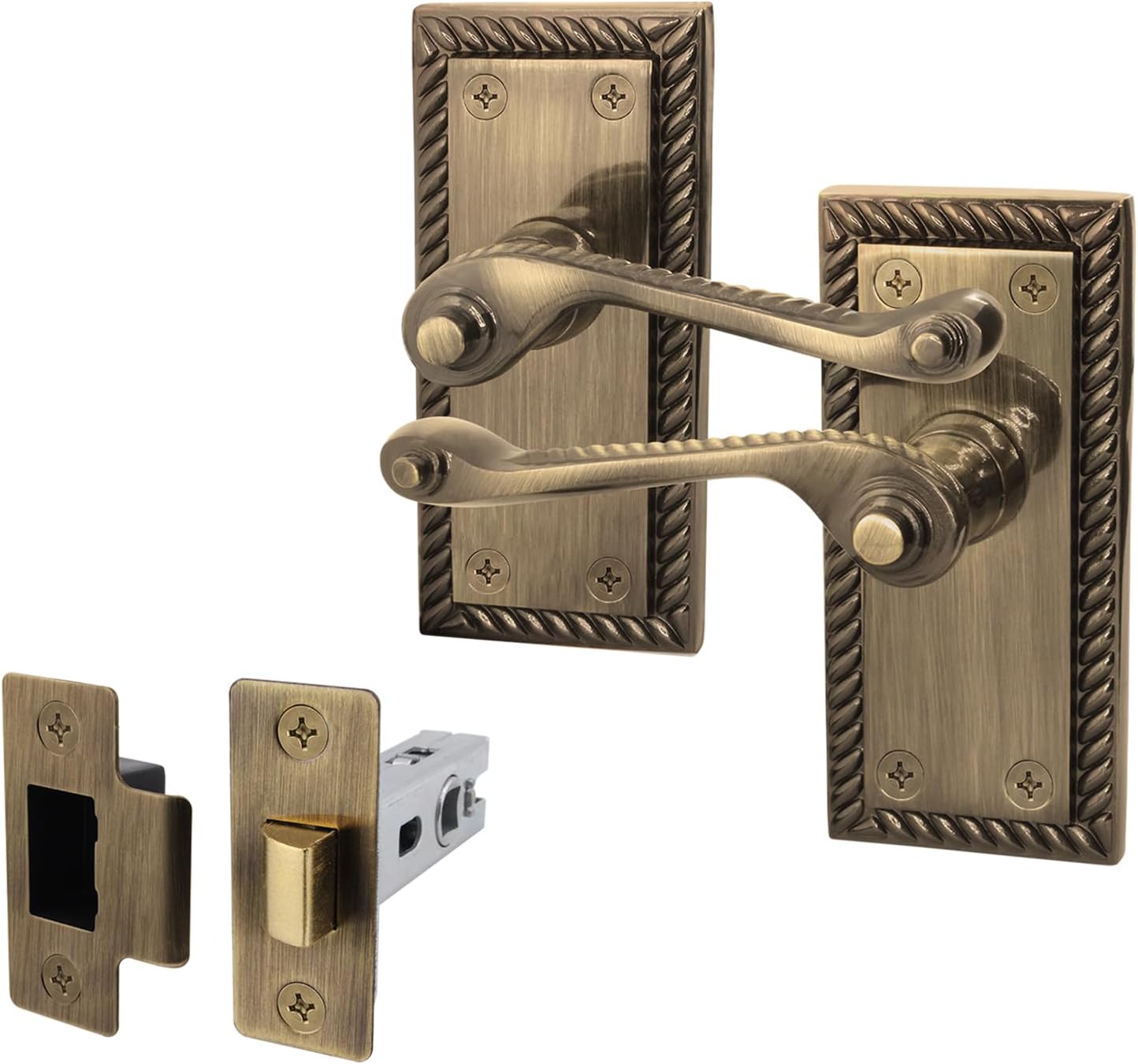 EAI Antique Brass Georgian Scroll Door Handle Latch Set - 1 Pair Internal Lever Latch Handles & Latch (64mm) - Rope Design