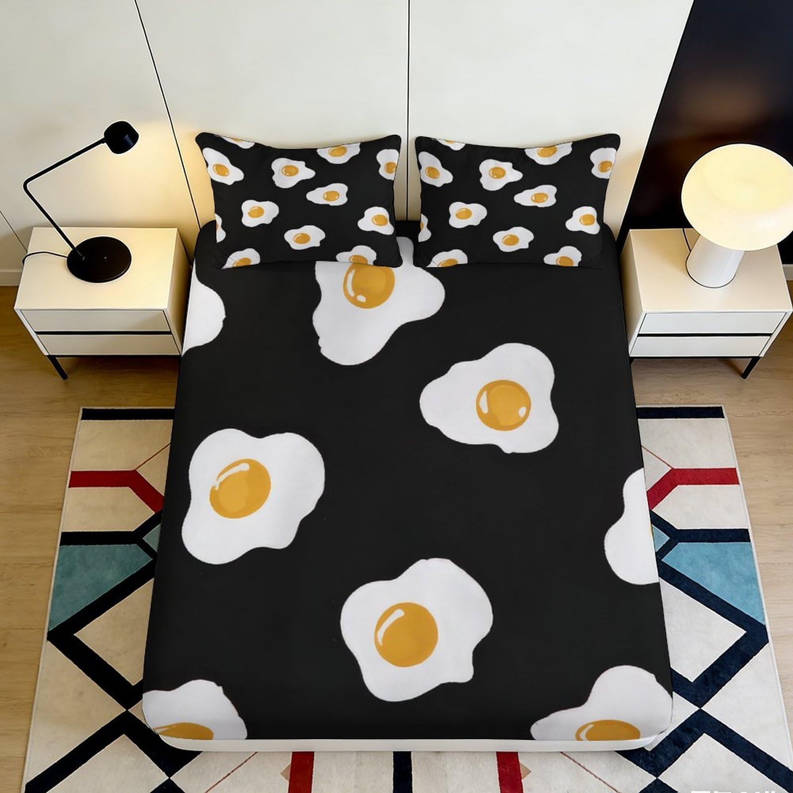 3D Printed Fried Egg Pattern Fitted Sheet Microfiber Black Modern Cartoon Bed Cover for Bedroom Guest Room Decor 90x200x25cm