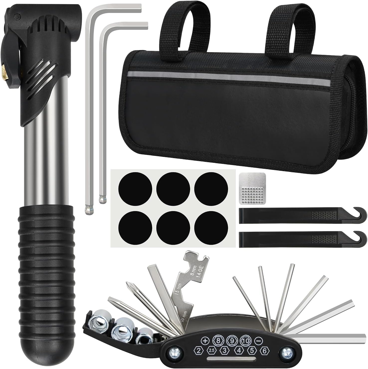 JERN Bike Repair Kit, Bicycle Repair Bag with Tire Pump, Bike Tool Kit for Camping Travel, 16-in-1 Bike Multitool, Bicycle Tire Repair Kit, 4mm and 5mm Allen Wrenches, Used for Mountain and Road Bike | Bicycle Repair Bag, 4mm & 5mm Allen Wrenches, Mountain & Road Bike, Camping & Travel Use, Tire Repair Included-image-36