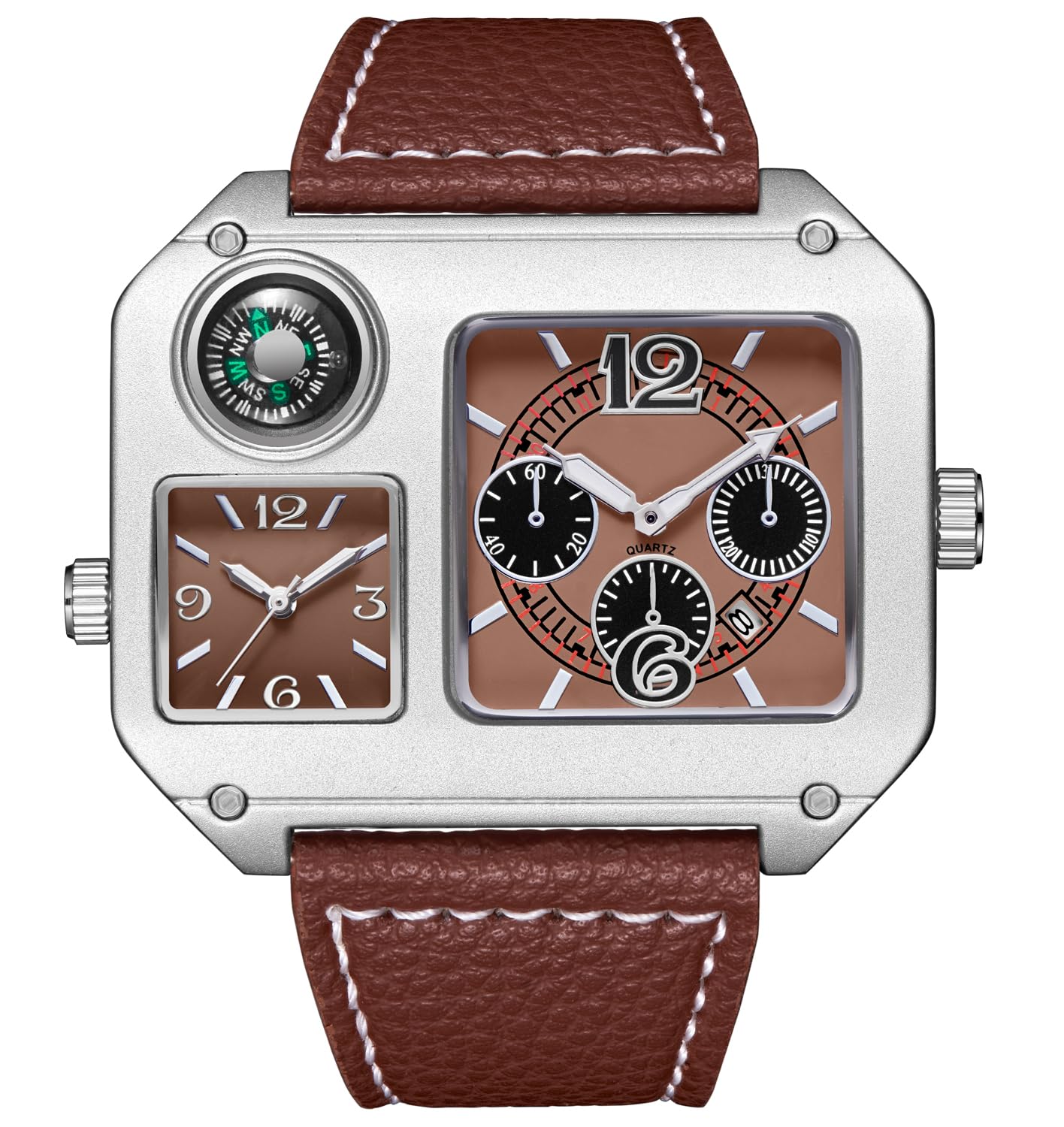 Reginald Orologio da uomo con doppio fuso orario, quadrato, con bussola decorativa, grande, analogico, al quarzo, con cinturino in pelle PU, stile casual e alla moda
