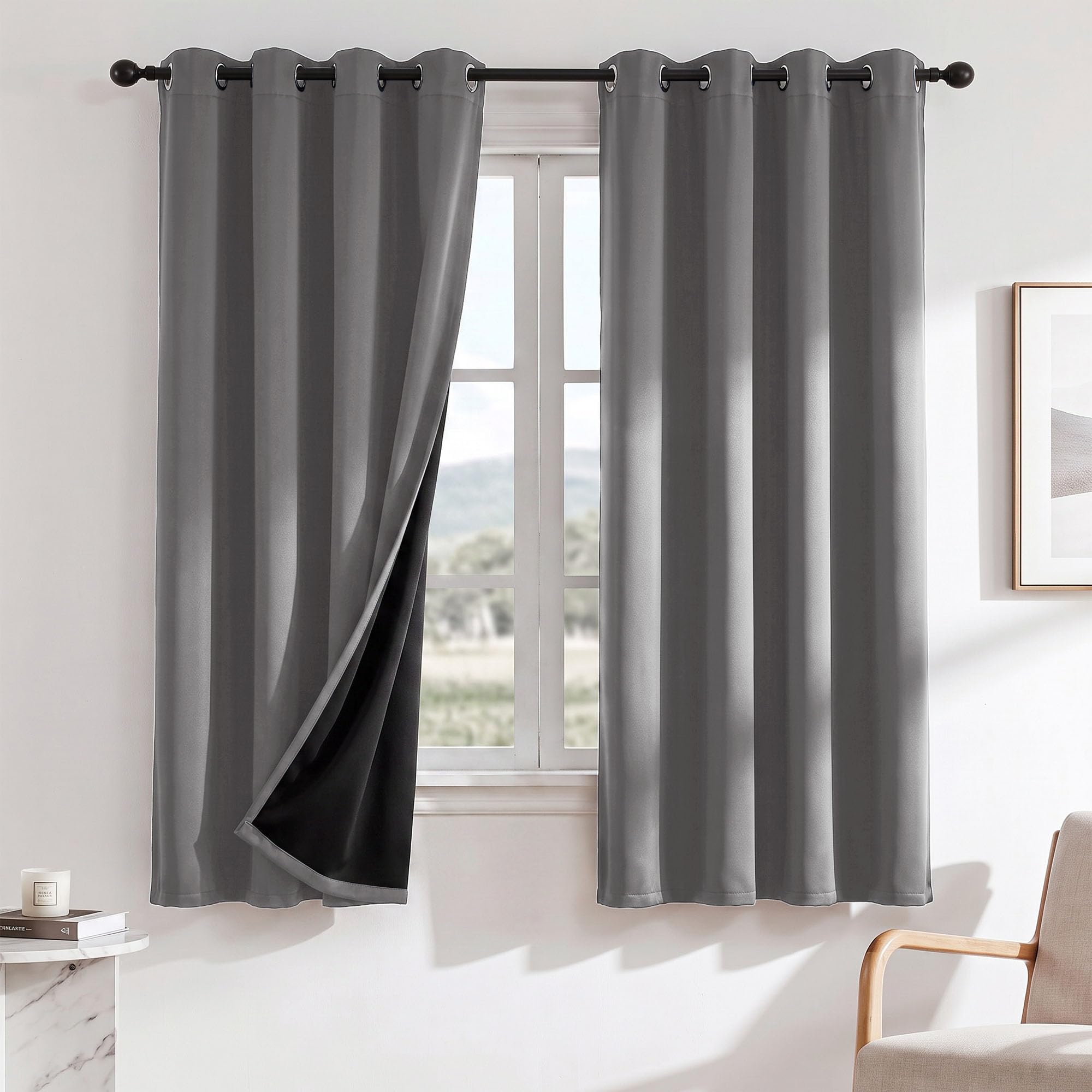 Deconovo 100% Blackout Curtains for Bedroom 46 x 72 Inch, Thermal Insulated Eyelet Curtains for Living Room with Black Backing & Noise Reducing, Light Grey, 2 Panels โ image 1