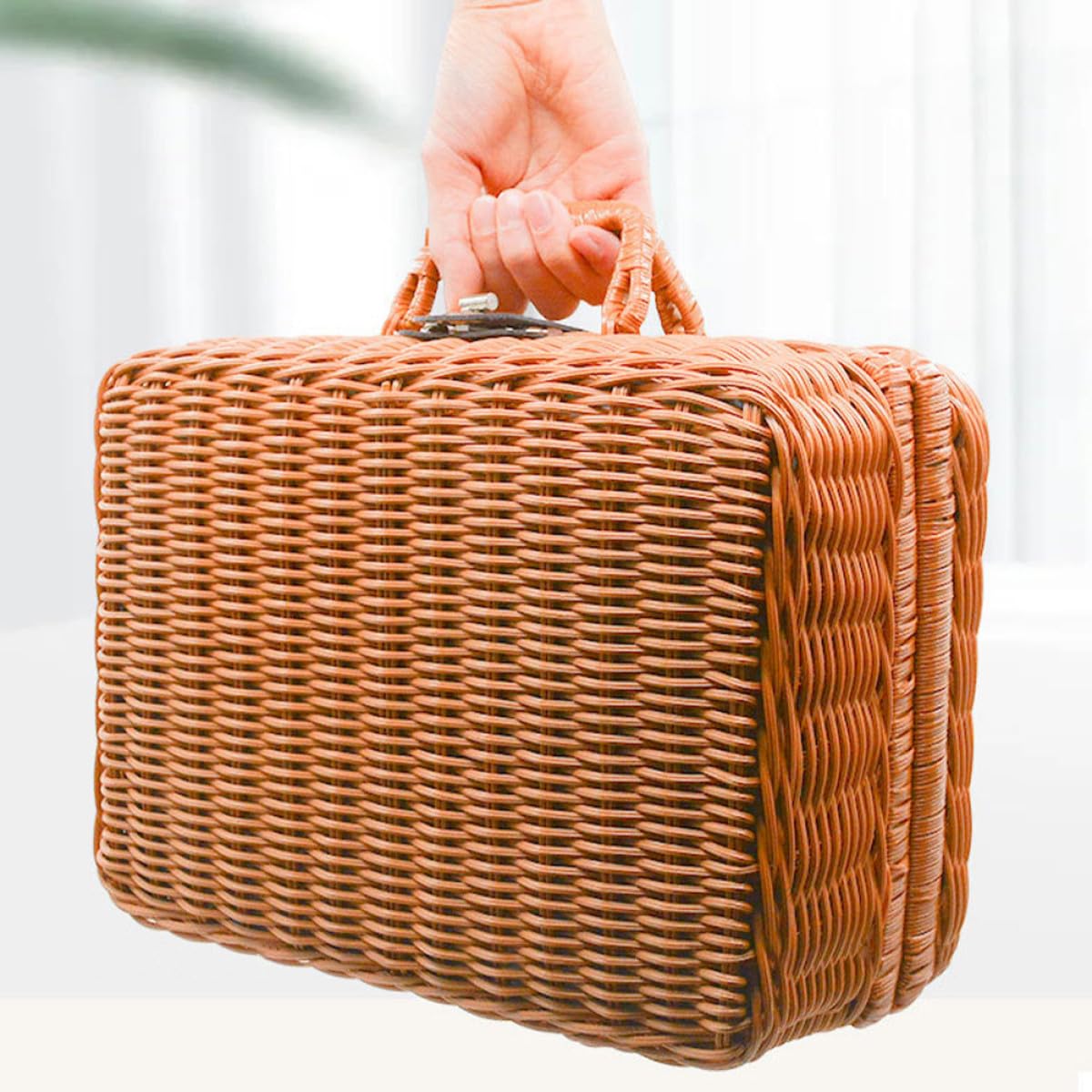 Caja de Almacenamiento Estilo Rústico Portátil Retro Asa y Cierre, Maleta de Artificial Marrón para Camping y de