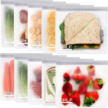 SPLF 10 Pack Reusable Sandwich Bags Dishwasher Safe, Reusable Quart Freezer Bags, Extra Thick Leakproof Food Storage Bags Sil