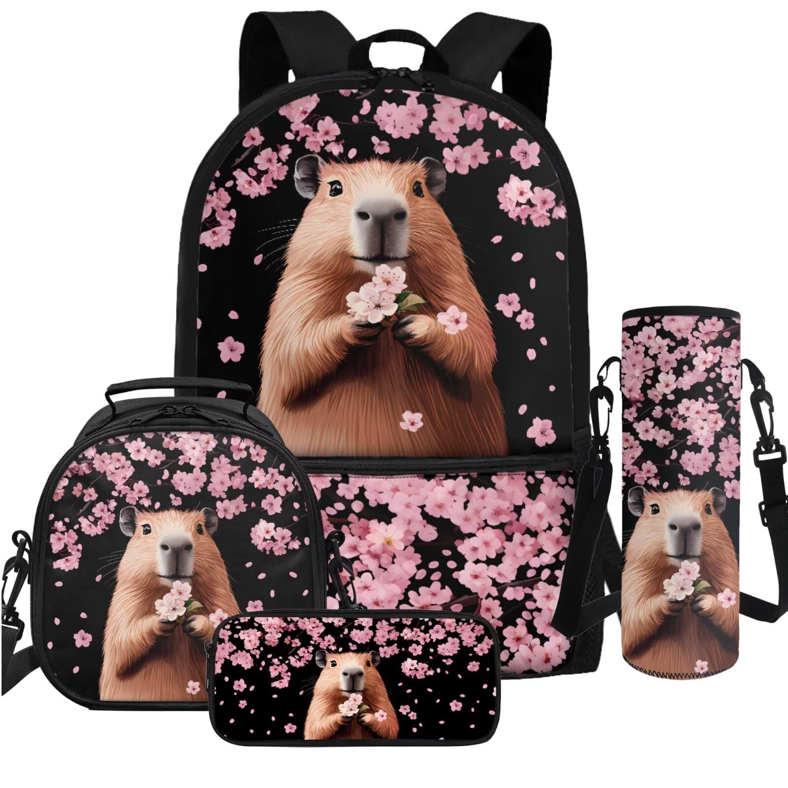 Fuojuvelie Capybara Backpacks for Girls 10-12 Large Capacity Backpack and Lunch Box for Girls Cute 3rd Grade Kids Bookbag Cherry Blossom 4 in 1