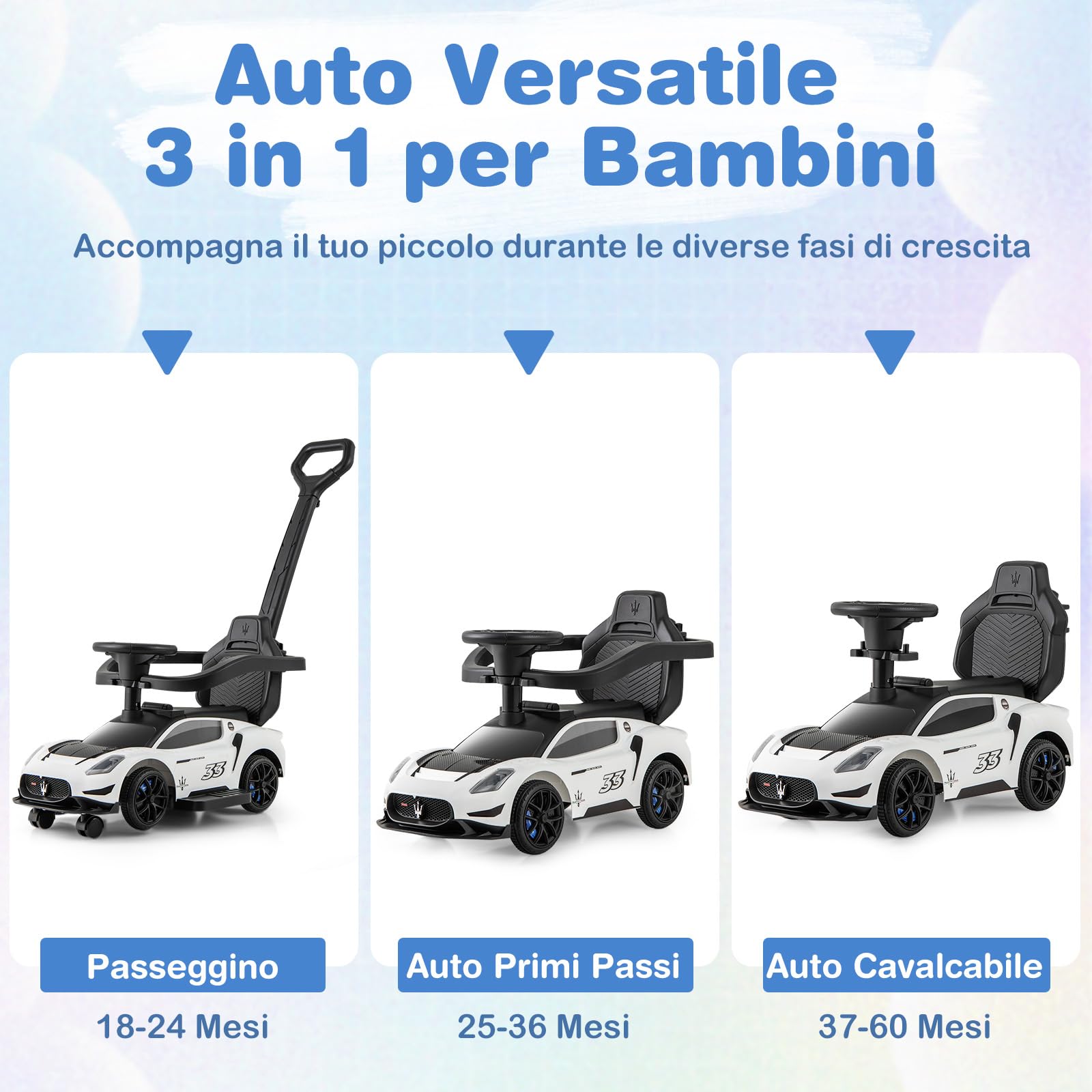 COSTWAY 3 in 1 Maserati Auto da Spinta, Auto Scorrevole con 2 Ruote Universali Volante Musicale Paracolpi e Manubrio, Macchina Cavalcabile con Ripostiglio per Bambini 18-60 Mesi (Bianco)
