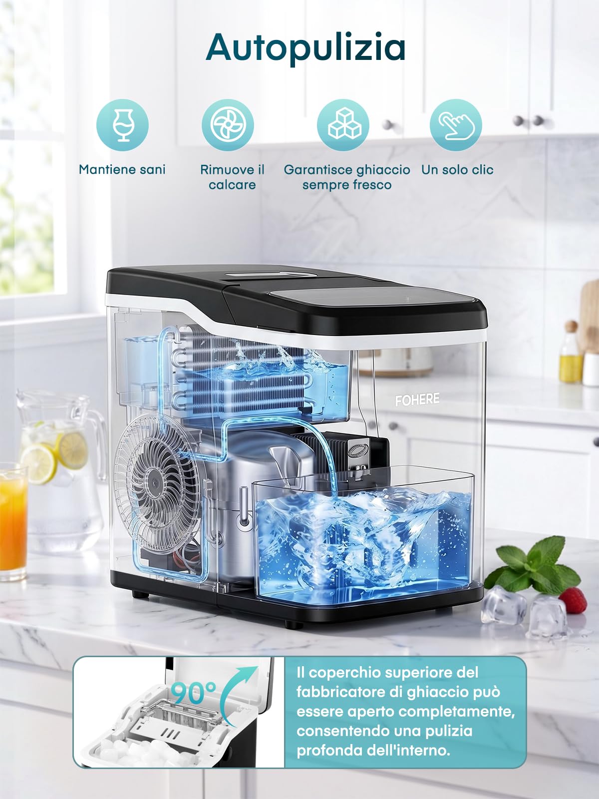 FOHERE Macchina Ghiaccio da Tavolo, 9 Cubetti in 5 Min, Capacità 14KG/24H, Macchina del Ghiaccio Autopulente con Coperchio Completamente Apribile, 2 Dimensioni, per Casa, Cucina, Ufficio, Campeggio