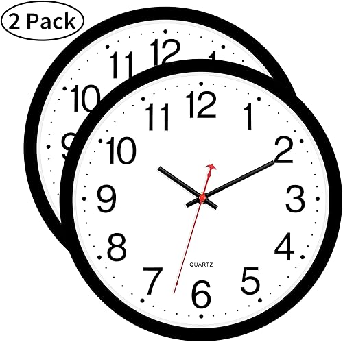 Miniatura 2 de Foxtop Paquete de 2 relojes de pared negros, 12 pulgadas, silencioso, sin tictac, de cuarzo, funciona con pilas, reloj de pared analógico redondo