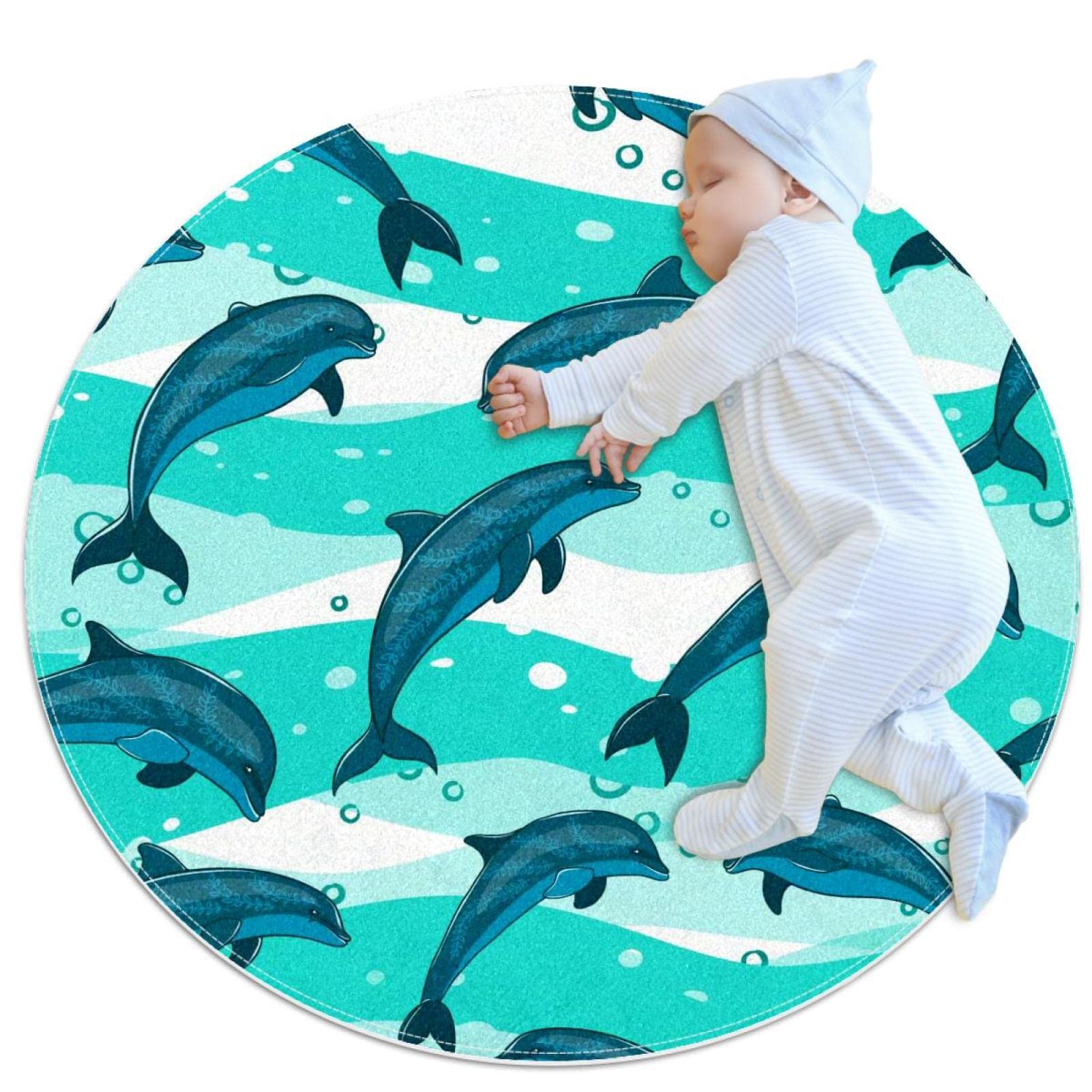 Tapis de jeu pour enfants rond anti-froid motif dauphins JDEZ