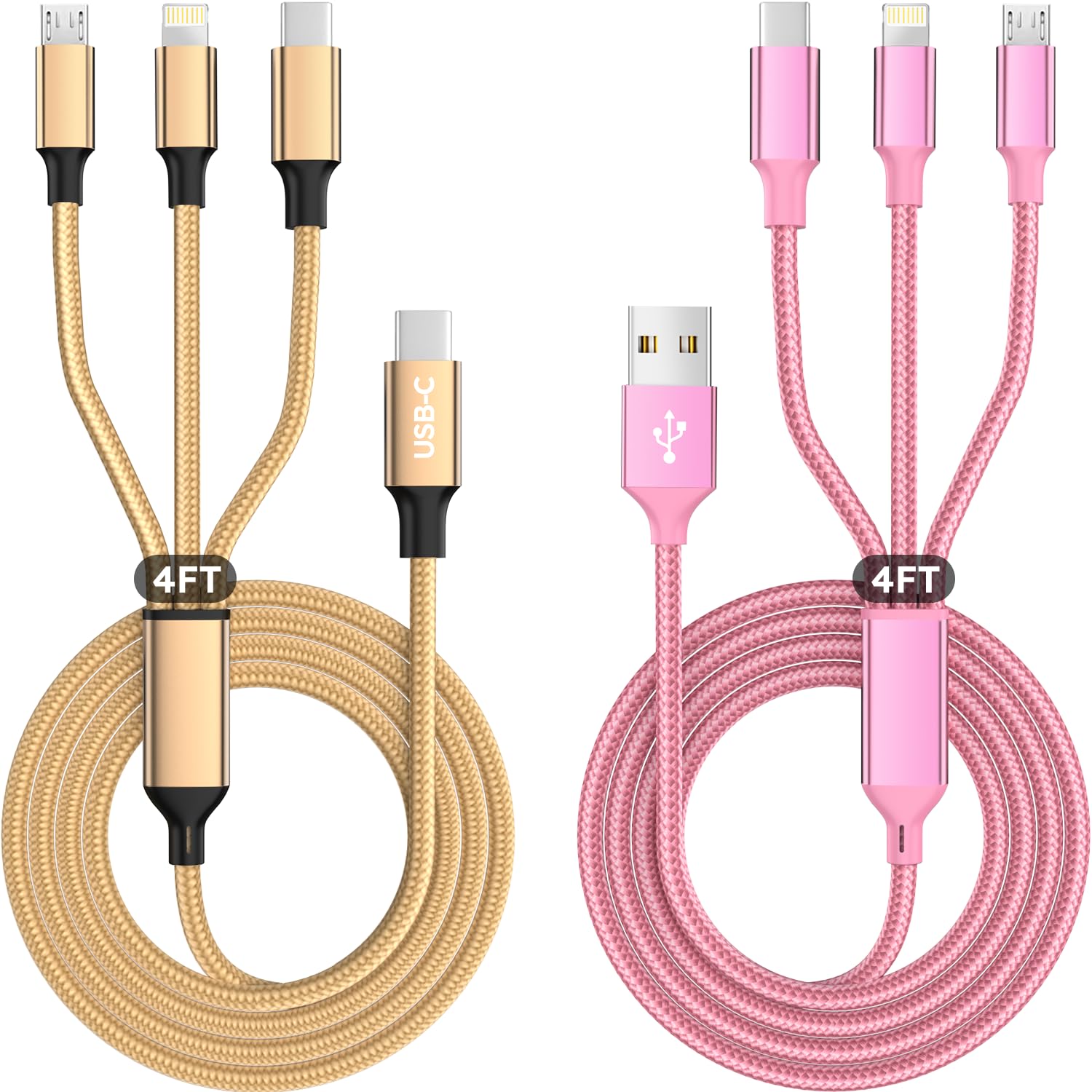 Cavo di ricarica USB 3 in 1, nylon intrecciato da 1,2 m, rosa e oro, confezione da 2