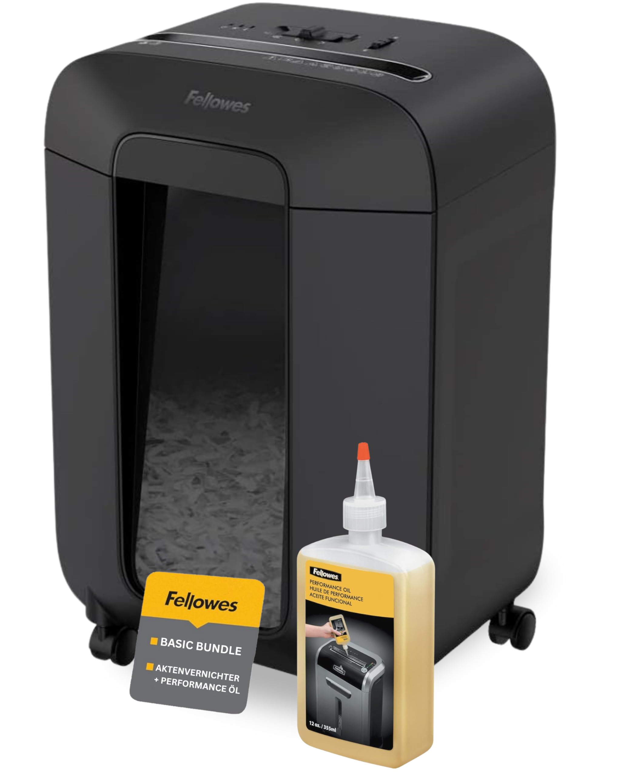 Fellowes Aktenvernichter LX85 Premium Bundle mit Öl, Papierschredder, 12-Blatt-Partikelschnitt, Aktenvernichter P4, Schredder für Büro und Homeoffice, 19L Papierkorb, verarbeitet Kreditkarten, Schwarz