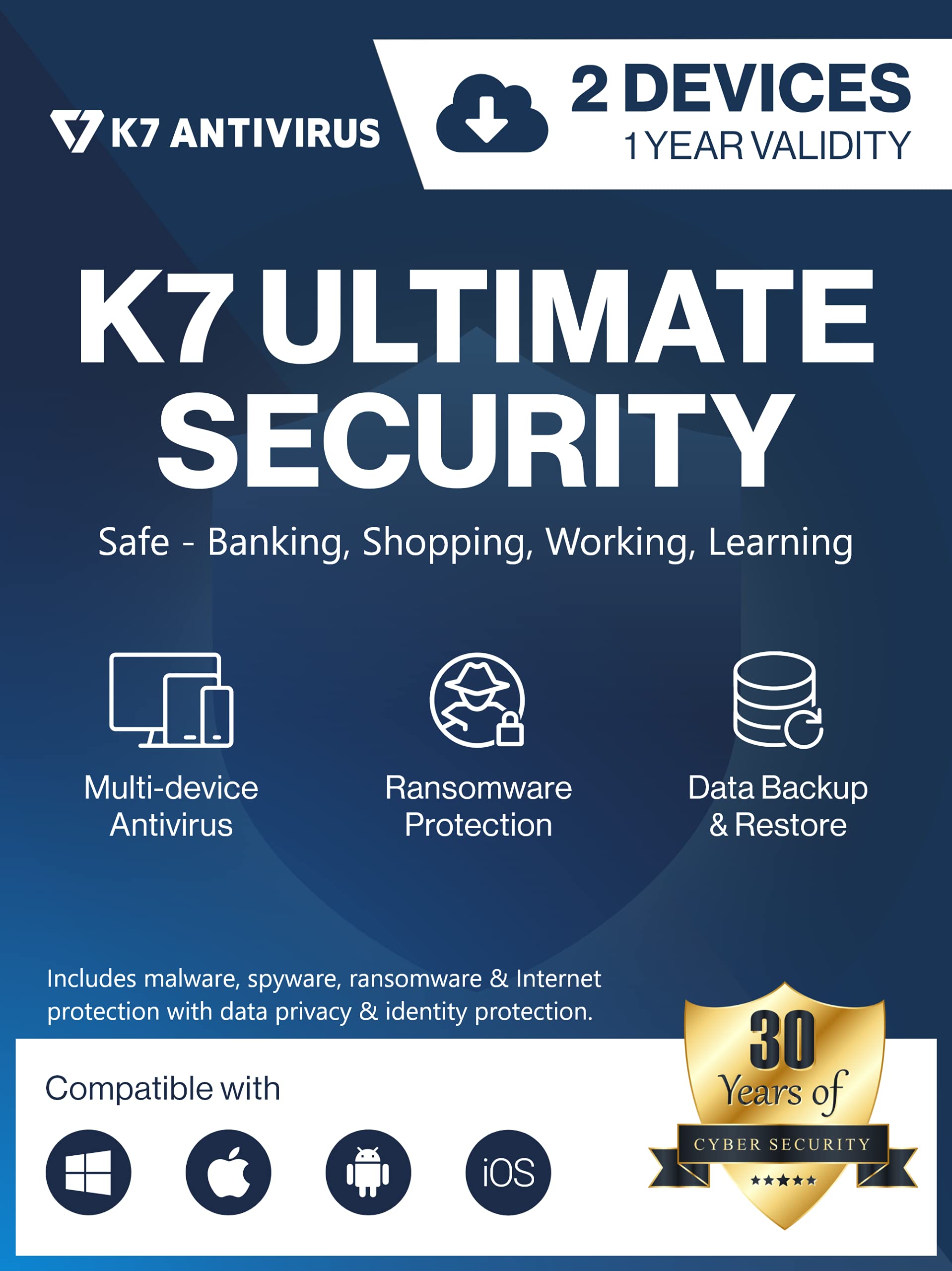 K7 Ultimate Security Antivirus Software 2025 | 2 Devices, 1 Year| Threat Protection ,Internet Security, Data Backup ,Mobile Protection |Windows laptop, PC, Mac®, Phones, Tablets| Email Delivery in 2 Hours