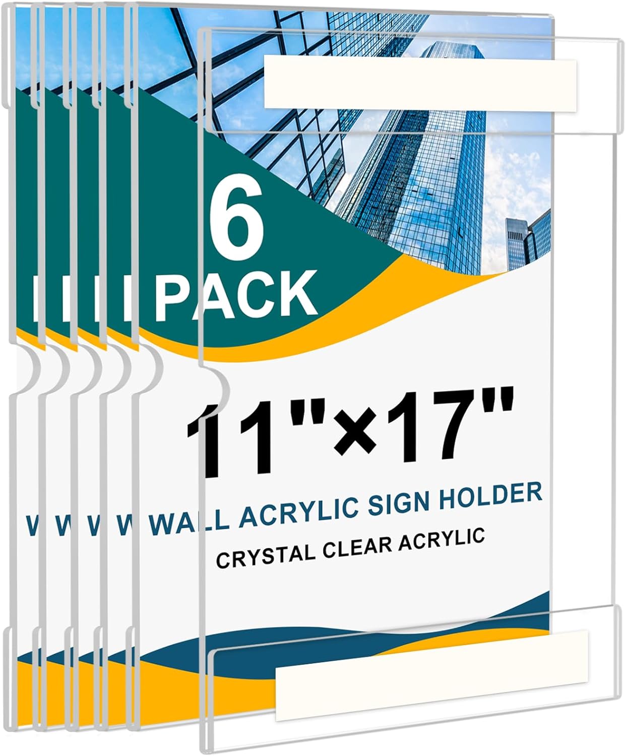 Acrylic Sign Holder 11 x 17 inches Wall Mount,6 Pack Vertical Sign Holders Clear Acrylic Frames with 3M Double Sided Tape Clear Plastic Poster Holder for Office, Hospital, Restaurant, Trade Shows - No Drilling