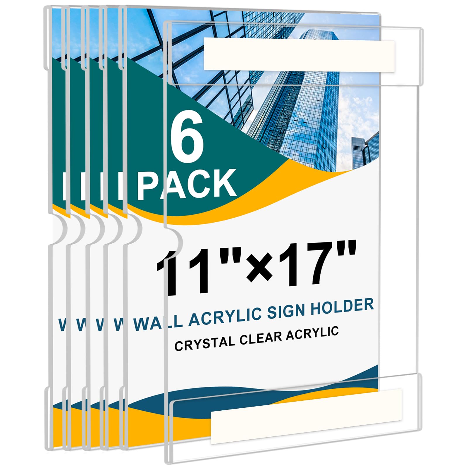 Acrylic Sign Holder 11 x 17 inches Wall Mount, 6 Pack Adhesive Vertical Wall Sign Holders Clear Acrylic Frames with 3M Double Sided Tape Clear Plastic