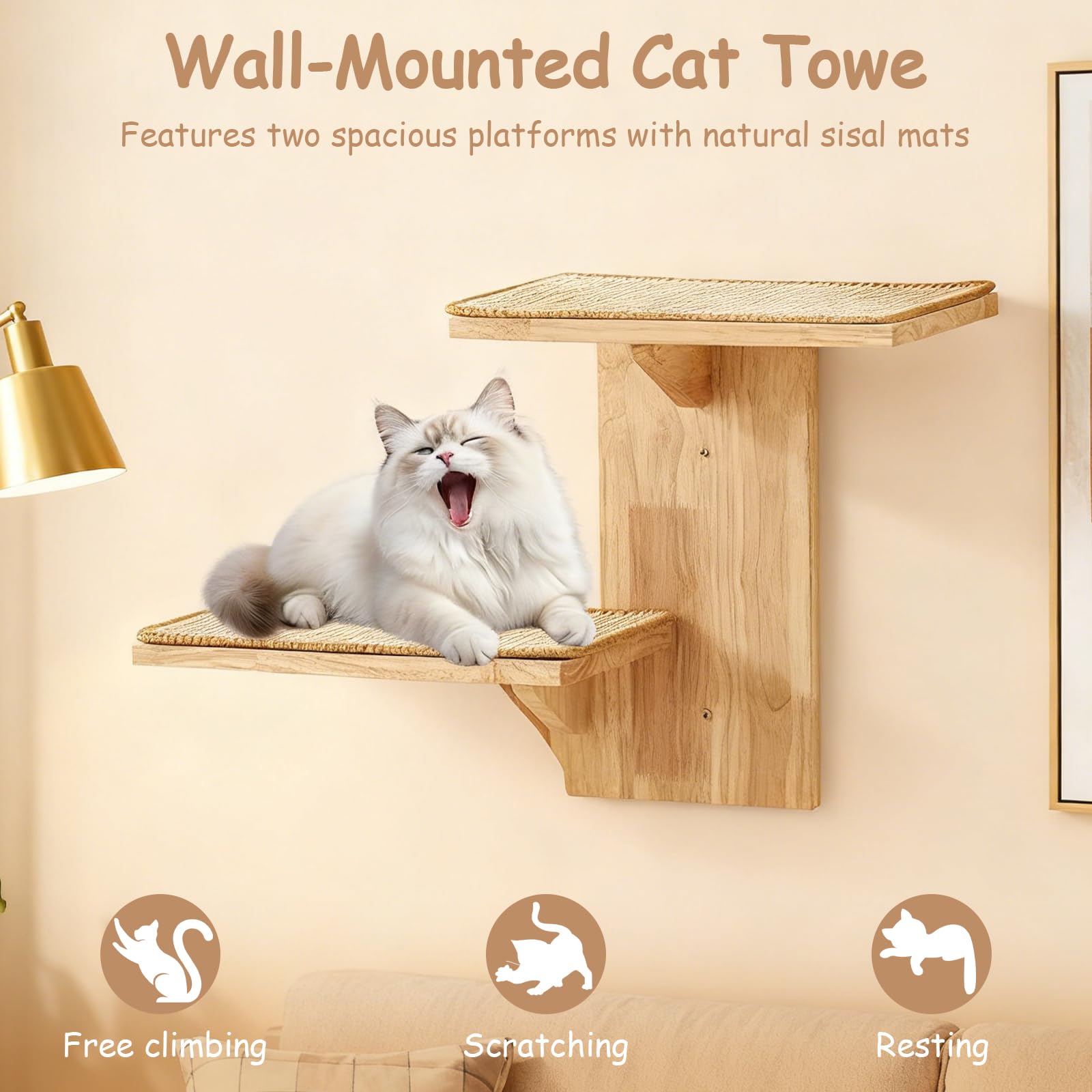 Pared de escalada para gatos con 2 plataformas, 42 cm, para gatos montados en la pared, con alfombrilla de sisal, estante de pared para escalada, jugar, arañar, color marrón