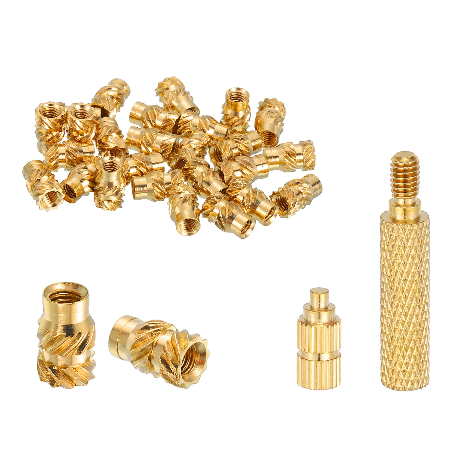 sourcing map 50 Pcs Threaded Inserts with Soldering Iron Tip Press Tool, M3 x 9mm H x 5mm OD Brass Metric Knurled Nuts Heat Set Inserts Embedment Nut for 3D Printing Plastic Parts
