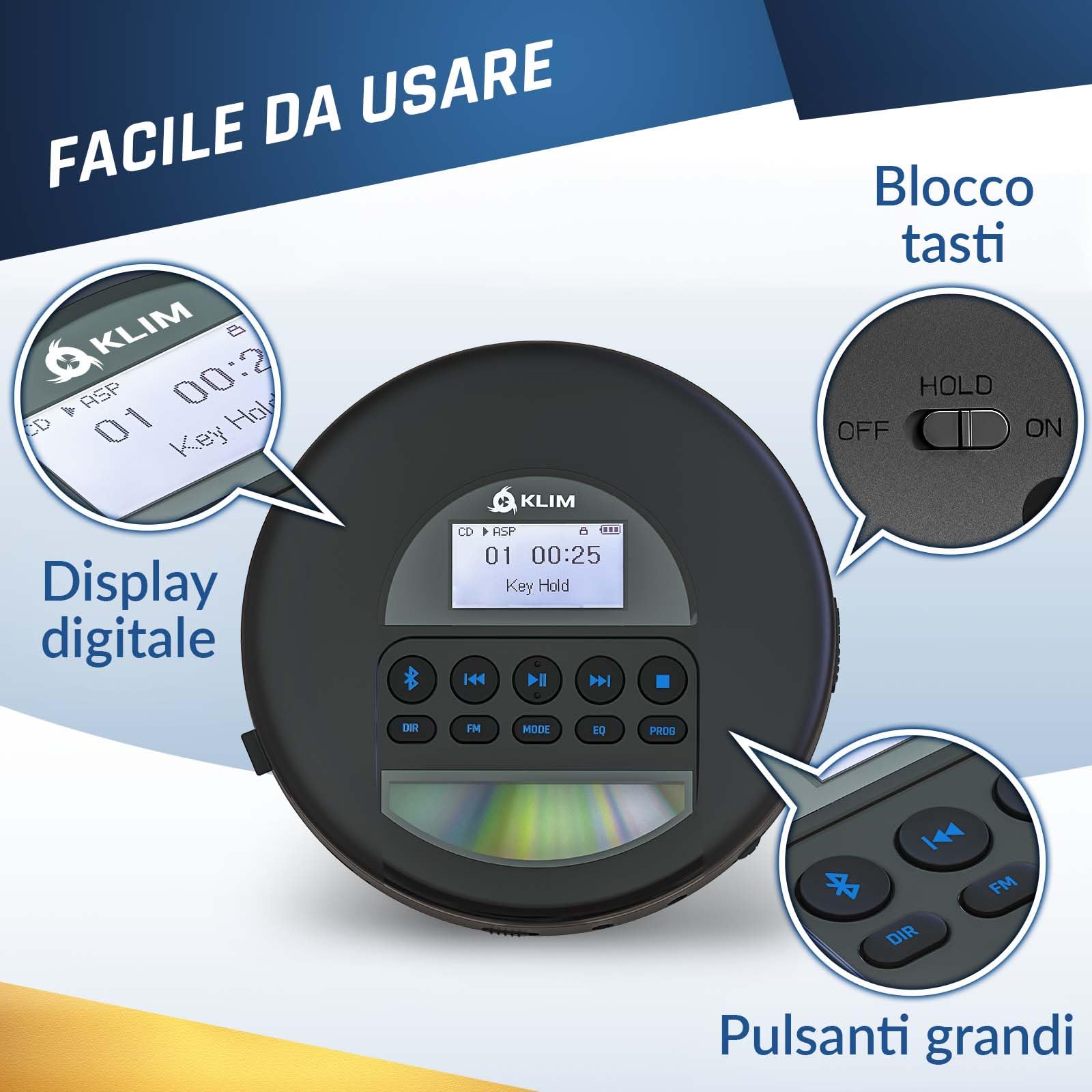 KLIM Nomad - Lettore CD Portatile - Batteria a Lunga Durata - Include Auricolari KLIM Fusion - Compatibile con CD-R, CD-RW, MP3 - Lettore SD, Radio FM, Bluetooth - Ideale per Auto - Hi-Fi - Nero Blu