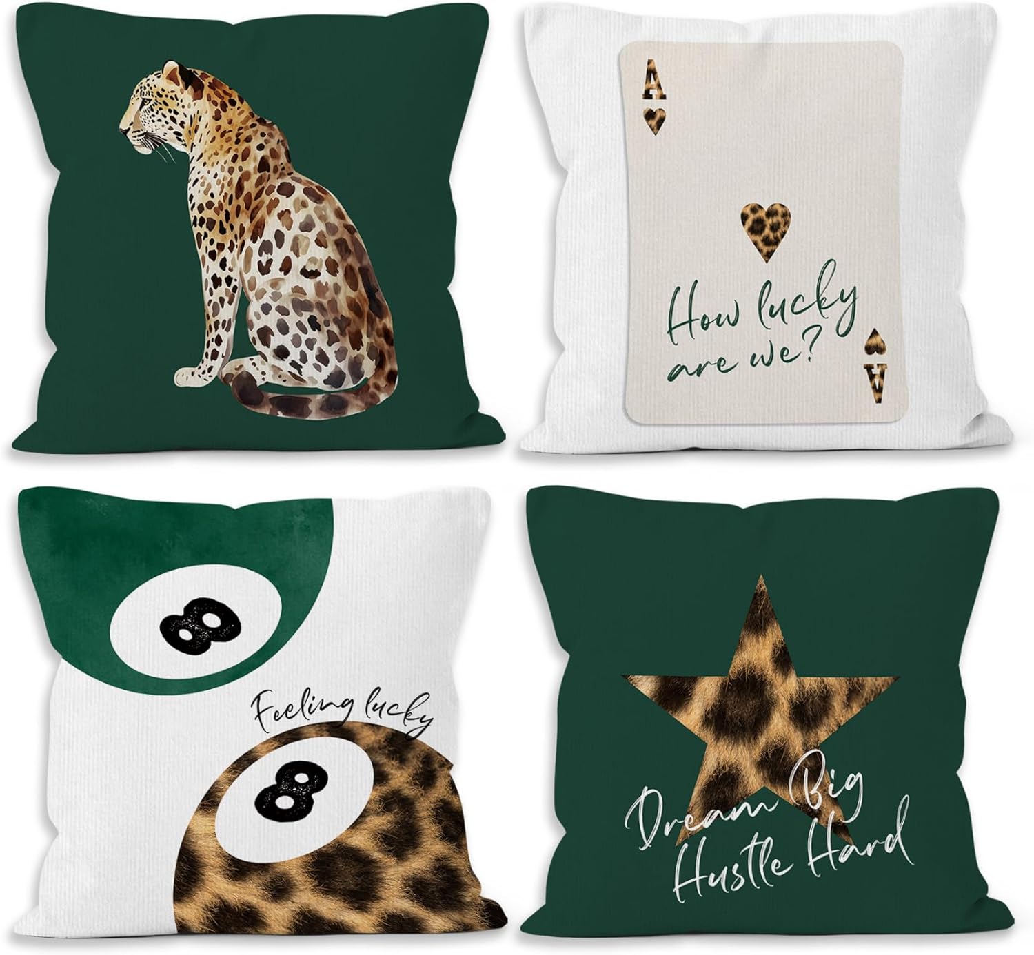 Emerald Green Cheetah Throw Pillow Covers 18x18 Set of 4, Trendy Leopard Lucky 8 Balls Decor Pillow Cases for Teen Girls Dorm Bedroom, Retro Preppy Cheetah Print Pillowcases for Couch Bed
