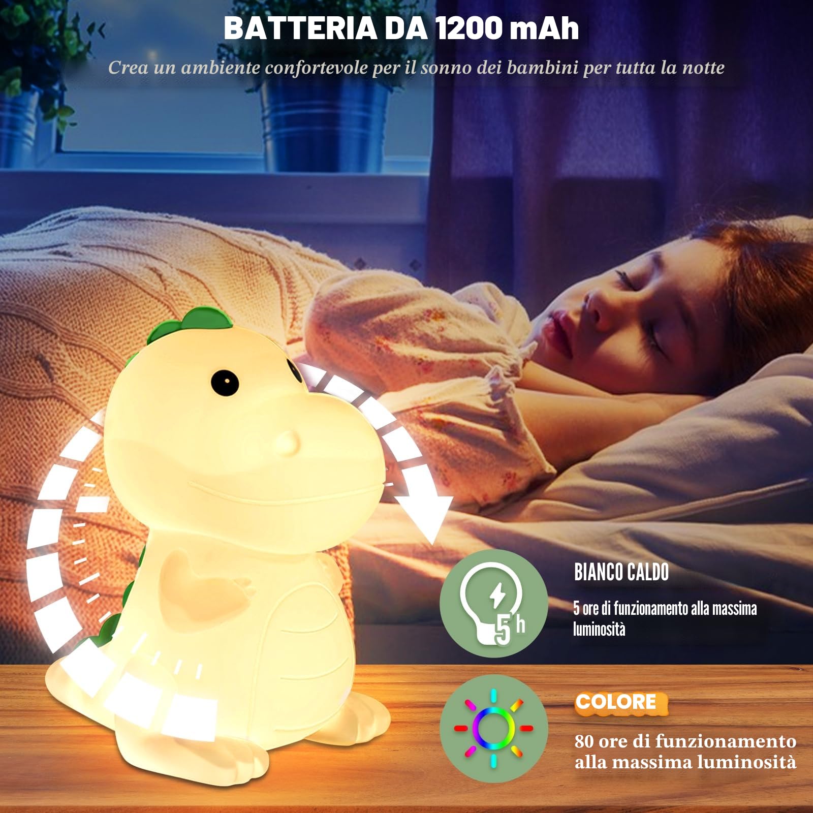 Luce Notturna Bambini Dinosaur lampada da comodino Luci della camera da letto Dormi leggero con 7 Colori Lucina Notte, luminosità regolabili, Touch Lampada Notturna Colorata per bambini