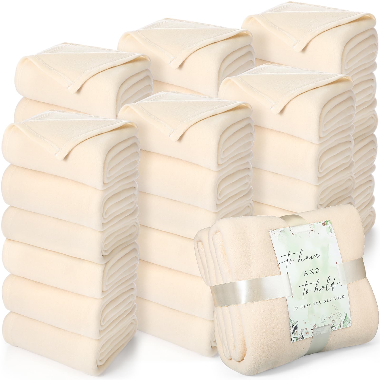 Photo 1 of Buryeah 36 Pack Oeko-Tex Certified Wedding Flannel Throw Blanket Bulk 50 x 60 Inch Soft Fleece Lap Blanket with Thank You Cards Ribbon for Guests Sleepover Spa Slumber Gifts (Beige)