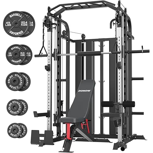 DONOW Smith Machine with Weight Stacks Power Cage Squat Rack Dual Cable Crossover Machine Home Gym Systems Station LAT Pull Down
