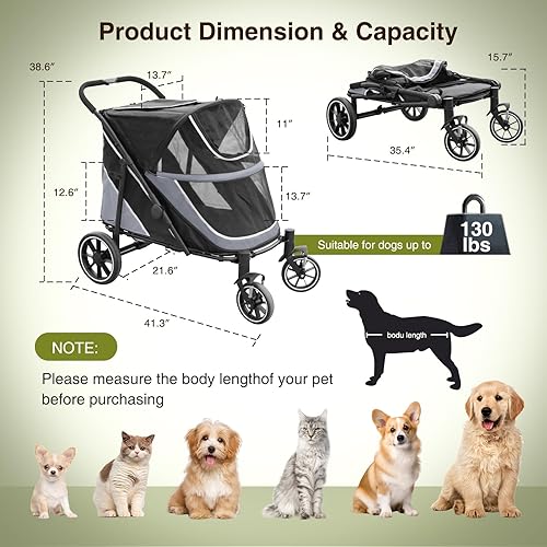 Miniatura 2 de Cochecito para perros medianos y grandes, plegable con un solo clic, cochecito para mascotas extra grande para 2 perros con bolsillo de