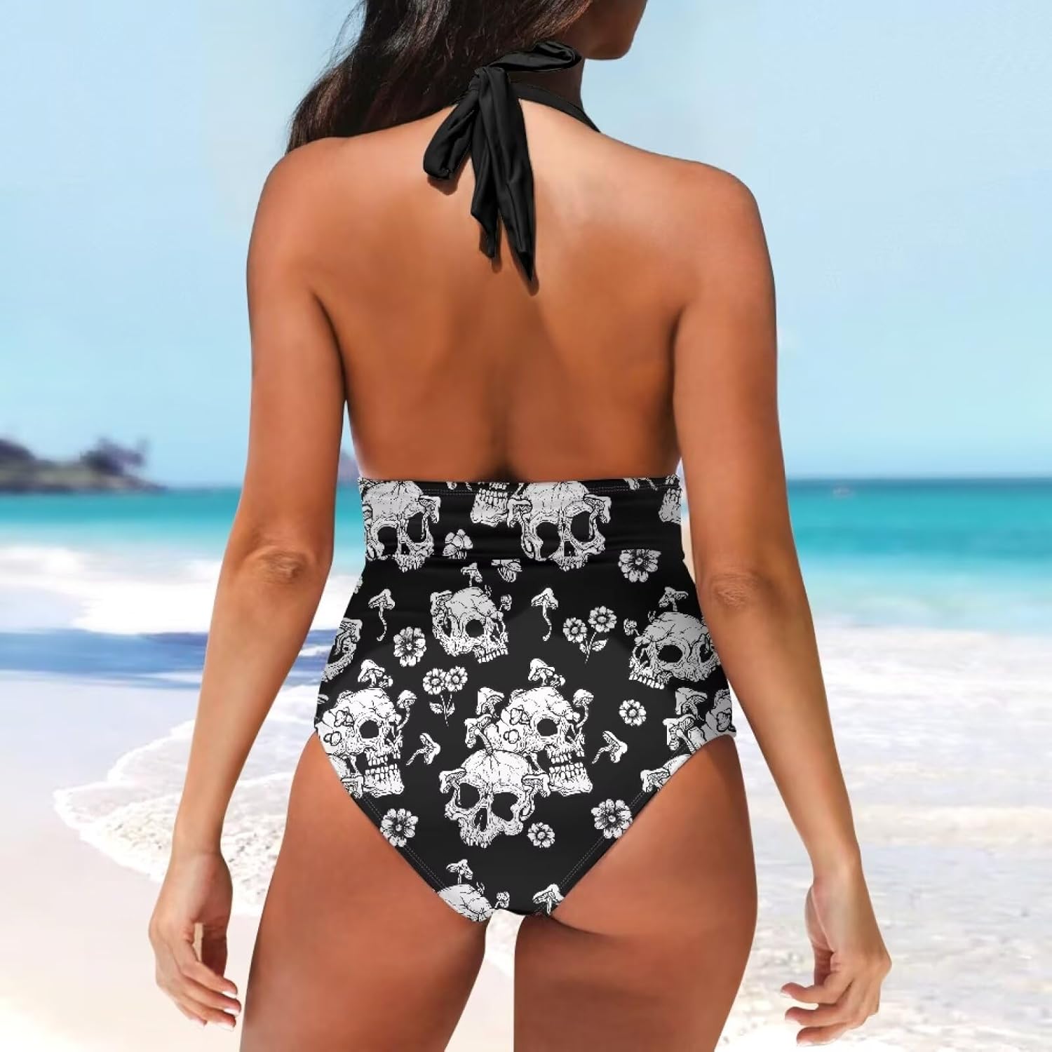 One Piece Swimsuit Women Tummy Control V Neck Sexy Bathing Suit Halter Top Ruched Swimwear Beach Outfit XS-3XL