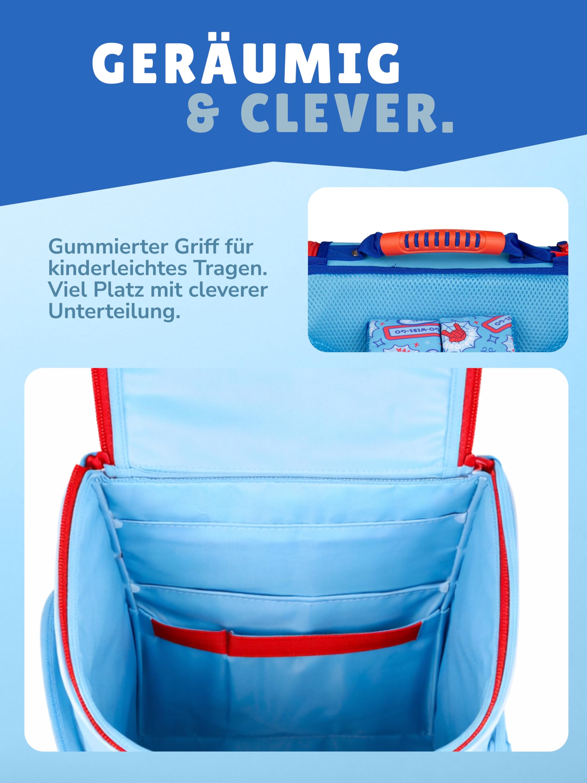 Familando - Schulranzen-Set für Spiderman Fans - Spidey & Friends - 6-teilig mit Sporttasche - Ergonomisch, stabil & mit gepolstertem Rücken - 930g leicht - 15L Volumen - Für Grundschule ab 1. Klasse