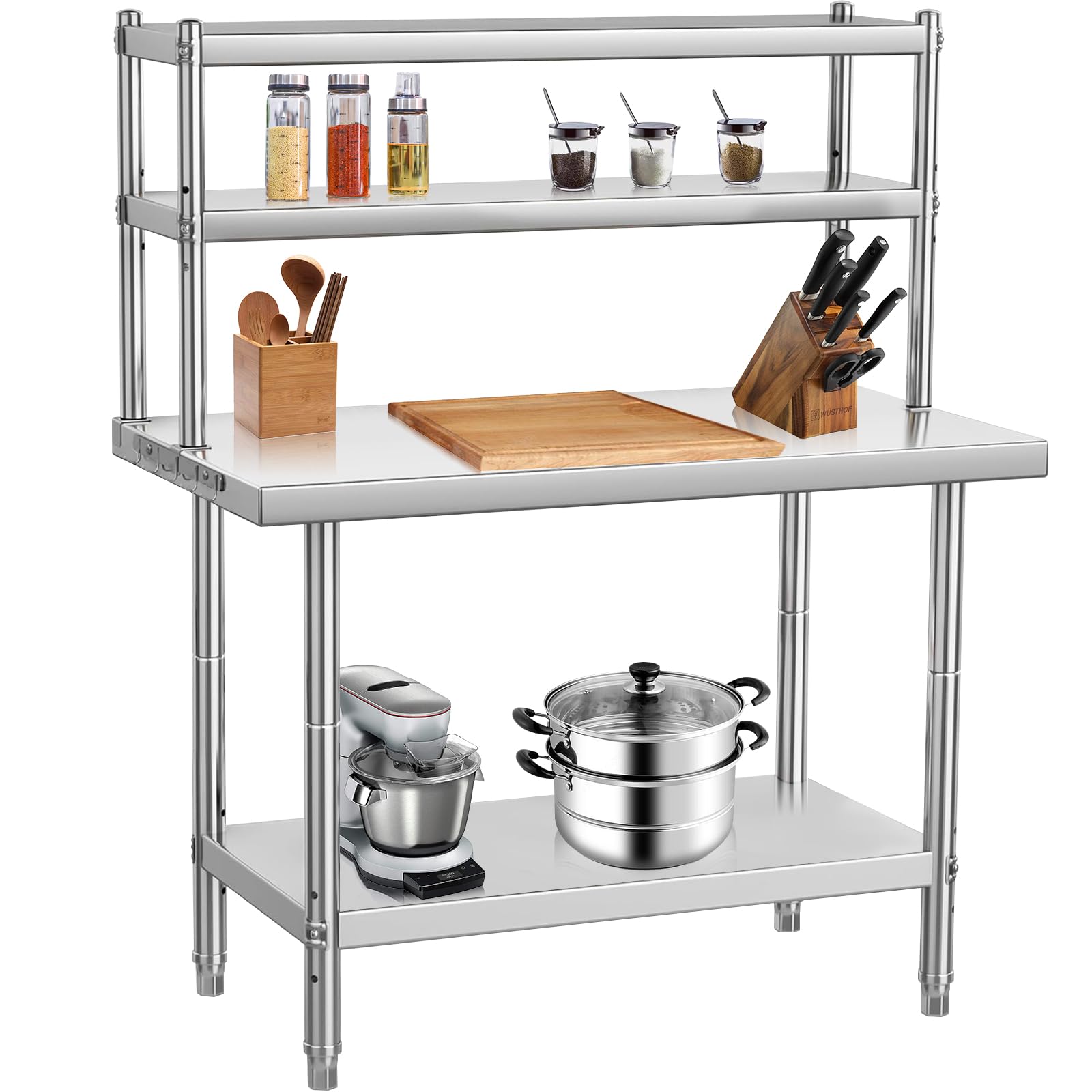 Mesa de trabajo de cocina profesional de acero inoxidable, mesa de preparación con 3 estantes ajustables, ganchos extraíbles, capacidad de carga 662 kg, encimera para cocina, restaurante, Atelie