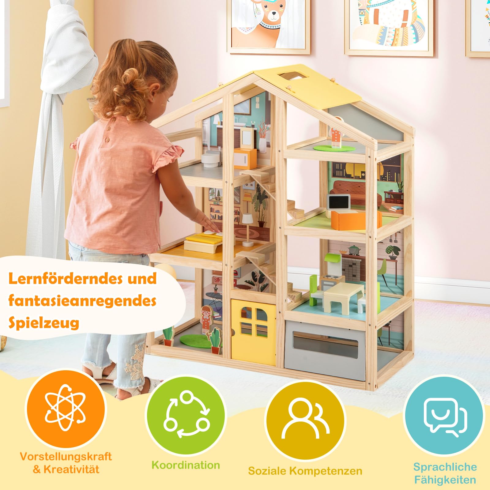DREAMADE Puppenhaus aus Holz, Traumhaus mit 2 Figuren & 18 Möbelzubehörteilen, Dollhouse mit robuster Struktur & 7 Zimmern, Puppenvilla für Jungen & Mädchen ab 3 Jahren