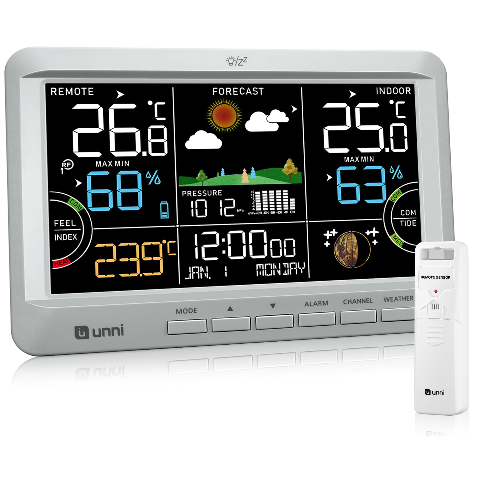 Weather Station Indoor Outdoor Thermometer Wireless, Home Atomic Clock with Large Constant Display, Dew Heat Point, Barometer Grey