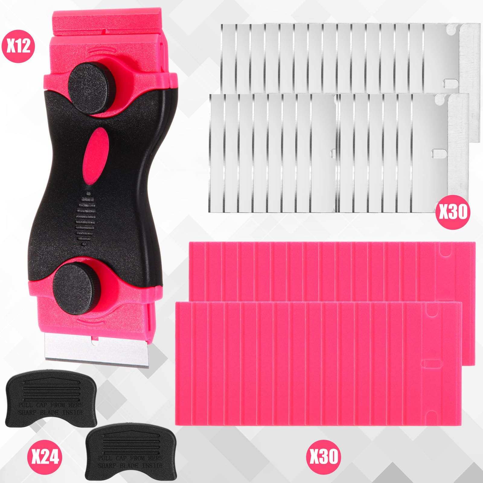 WILLBOND Set di 72 raschietti a doppia lama di rasoio, 12 pezzi, 2 in 1, 60 lame in metallo e plastica per decalcomania, adesivi, etichette, adesivi per calafataggio, piano cottura a vernice,