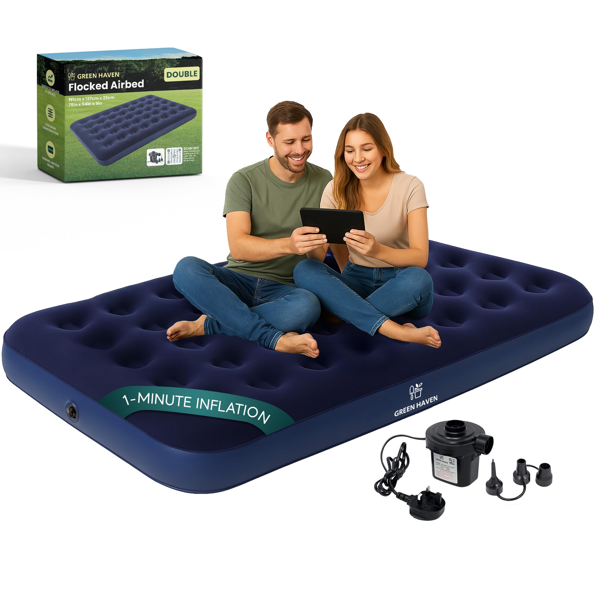 Green Haven Double Airbed with Electric AC Pump – Inflatable Mattress for 2 with Waterproof Flocked Top – Quick Setup Blow Up Bed for Camping & Guest Use – Includes Mains Pump