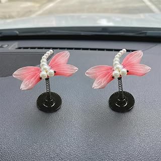 2PCS Cute Dragonfly Car Dashboard Decorations, Shaking Spring Automotive Rear View Mirror Ornament, Funny Vehicle Interior Accessories for Women and Men (RoseRed)