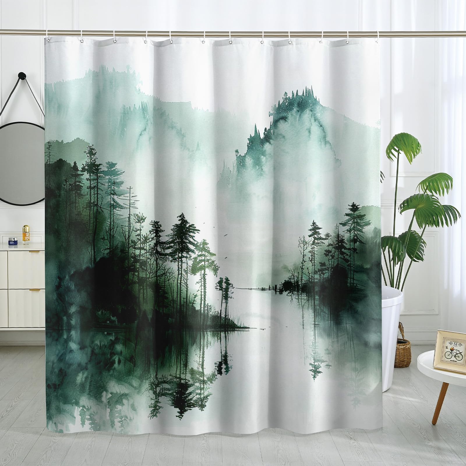 Nebelwald-Duschvorhang: Herbstwald-Motiv Mit Haken, 183x183 Cm – Badezimmer-Dekor Im Naturstil