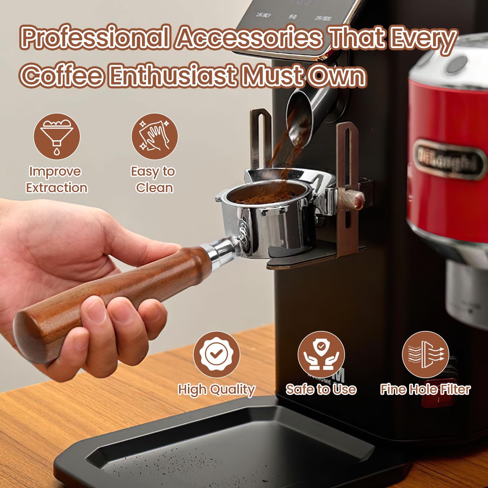Prensadores de Café, 51mm Filtro Portafiltro Café sin Fondo, Agitador de Café expreso, 5 agujas, Tamper Prensadores de Café con Alfombrilla Cafe, Madera Café Tamper Espresso Kit Set