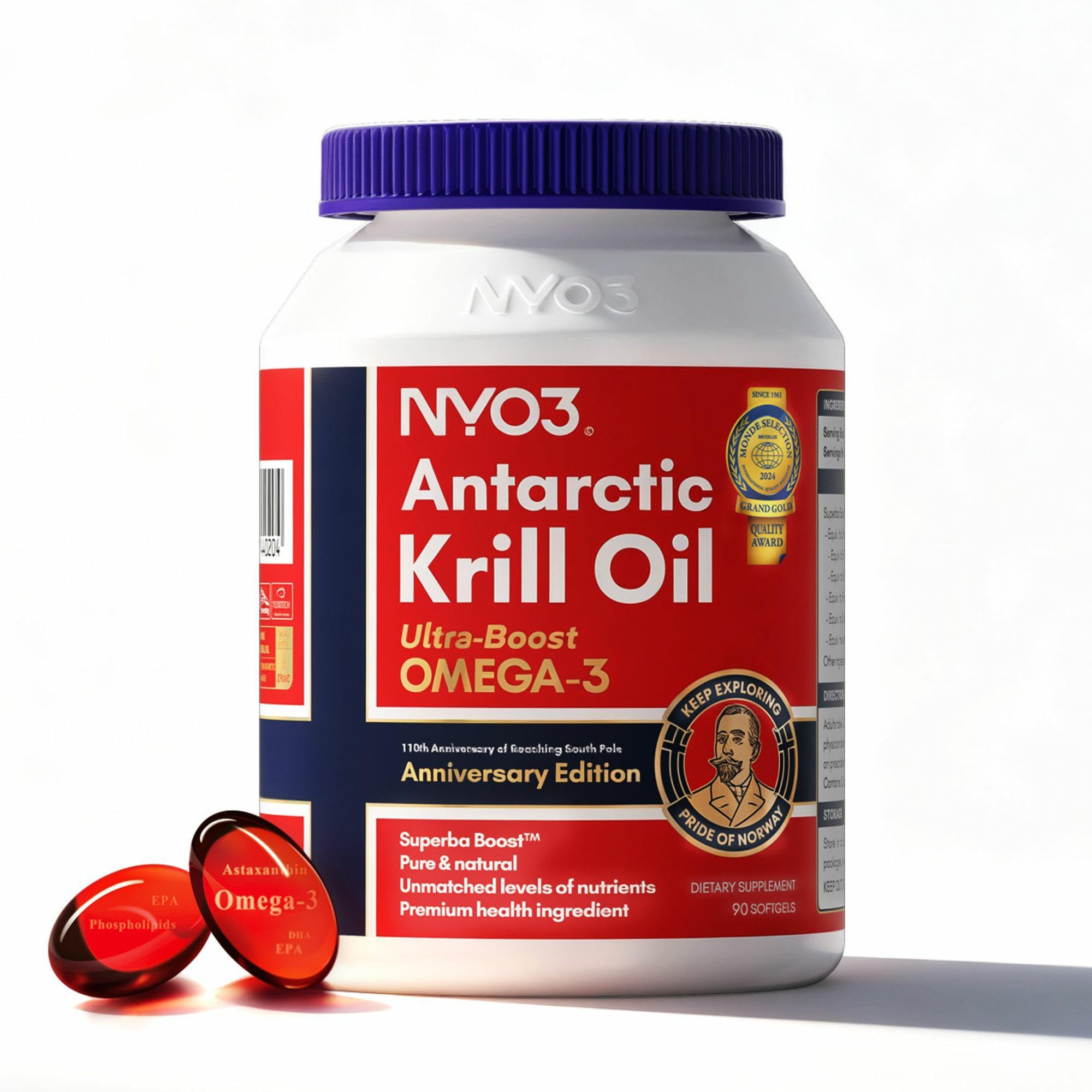 Krill Oil Omega 3 Supplement 1000mg 90 Softgels EPA & DHA, Pure Antarctic Krill Oil with Astaxanthin and 56% Phospholipids Laboratory Tested