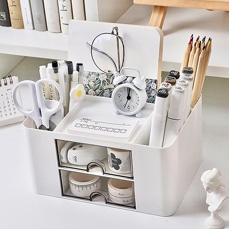 Shuttle Art Desk Organizer with 2 Drawers | Multi-Functional Stationery Holder for Office, Study Table, Home | 5 Compartment Pen, Pencil, Marker Storage Box for School & Art Supplies (White) - Image 5