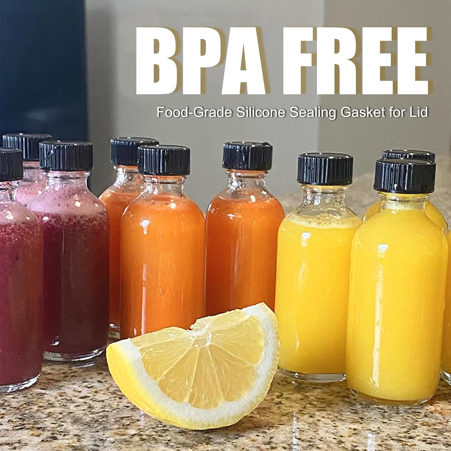 JohnBee 12-Pack 2 oz (60ml) Small Glass Boston Round Bottles with Lids - Leak-Proof Mini Travel Containers for Ginger Shots, Juice, Whiskey, Samples | W/Labels, Funnels & Brushes - Image 4