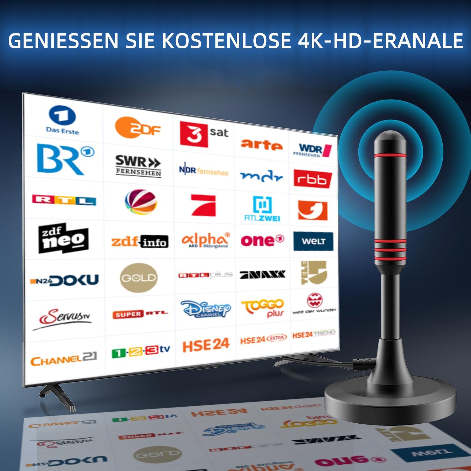 Antenna TV Interna, Antenna TV Interna HDTV Digitale 500+ Miglia Amplificata con Base Magnetica/Amplificatore di Segnale Support 4K HD/1080P/VHF/UHF per Home Smart Televisione/Radio, Cavo Coassiale 5M