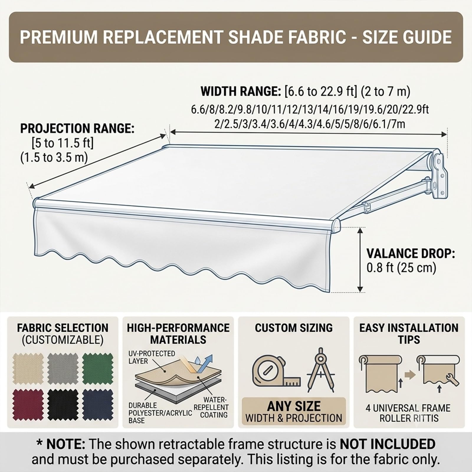 Tessuto di Ricambio per Tendalino Retrattile，Ricambio Telo Tenda da Sole A Bracci Estensibili per Esterno 3x2 M，Impermeabile，Supporto Non Incluso(Style A,6.6x5ft/2 * 1.5m)
