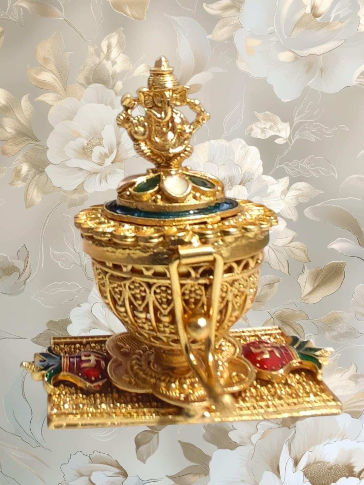 Denique Brass Sindoor Box Gold Plated Sidoor Box Gold sindoor box/Wedding Gift/Pooja Accessory/Kumkum box (Ganesha Kempu Sqwer Stand) 3