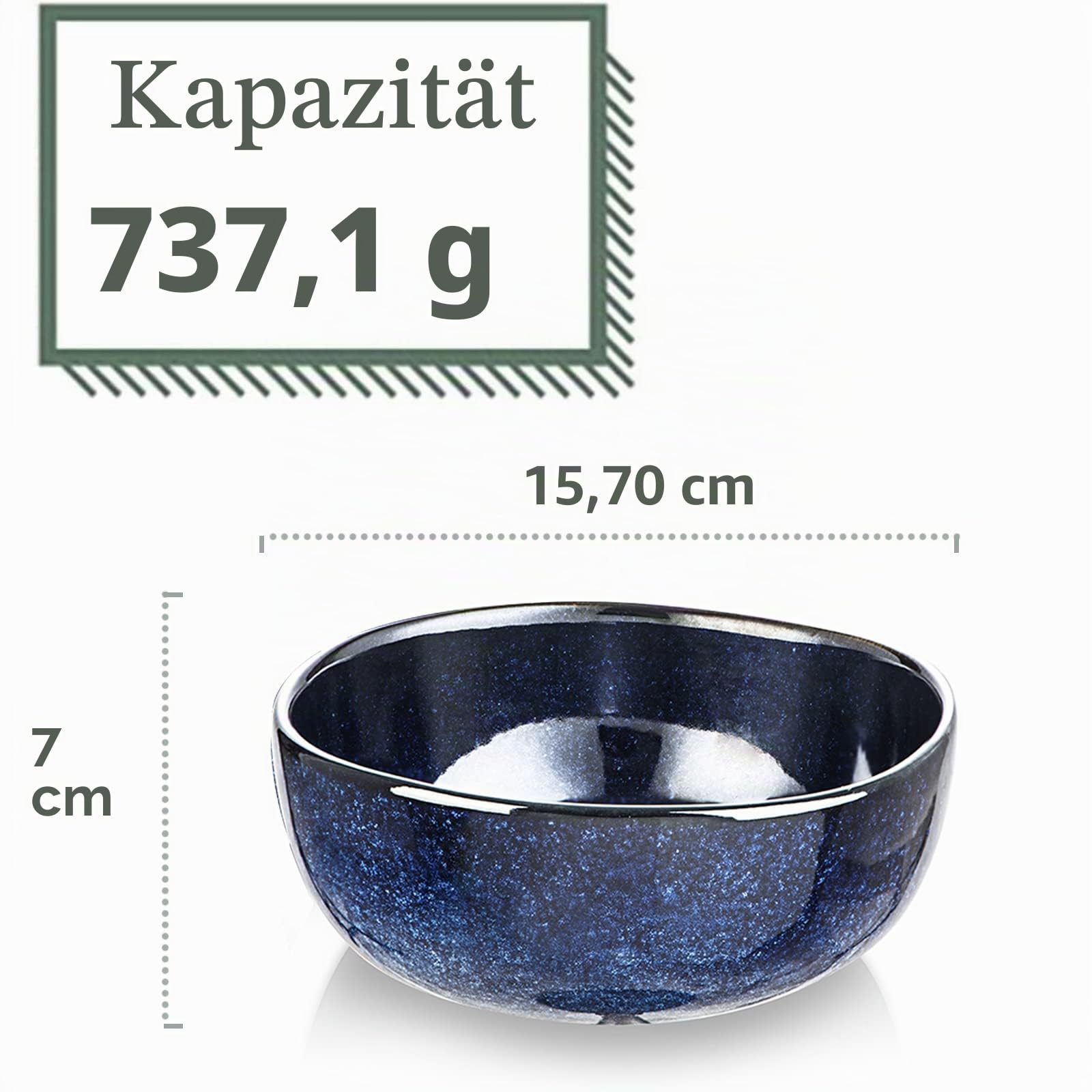 Vicrays Müslischalen-Set aus Keramik, Porzellan, 750 ml - Suppen-, Salat-, Reis-, Dessert- und Cremeschüsseln - Splitterfest, Spülmaschinenfest, Mikrowellengeeignet, 6 Stück (Blau)