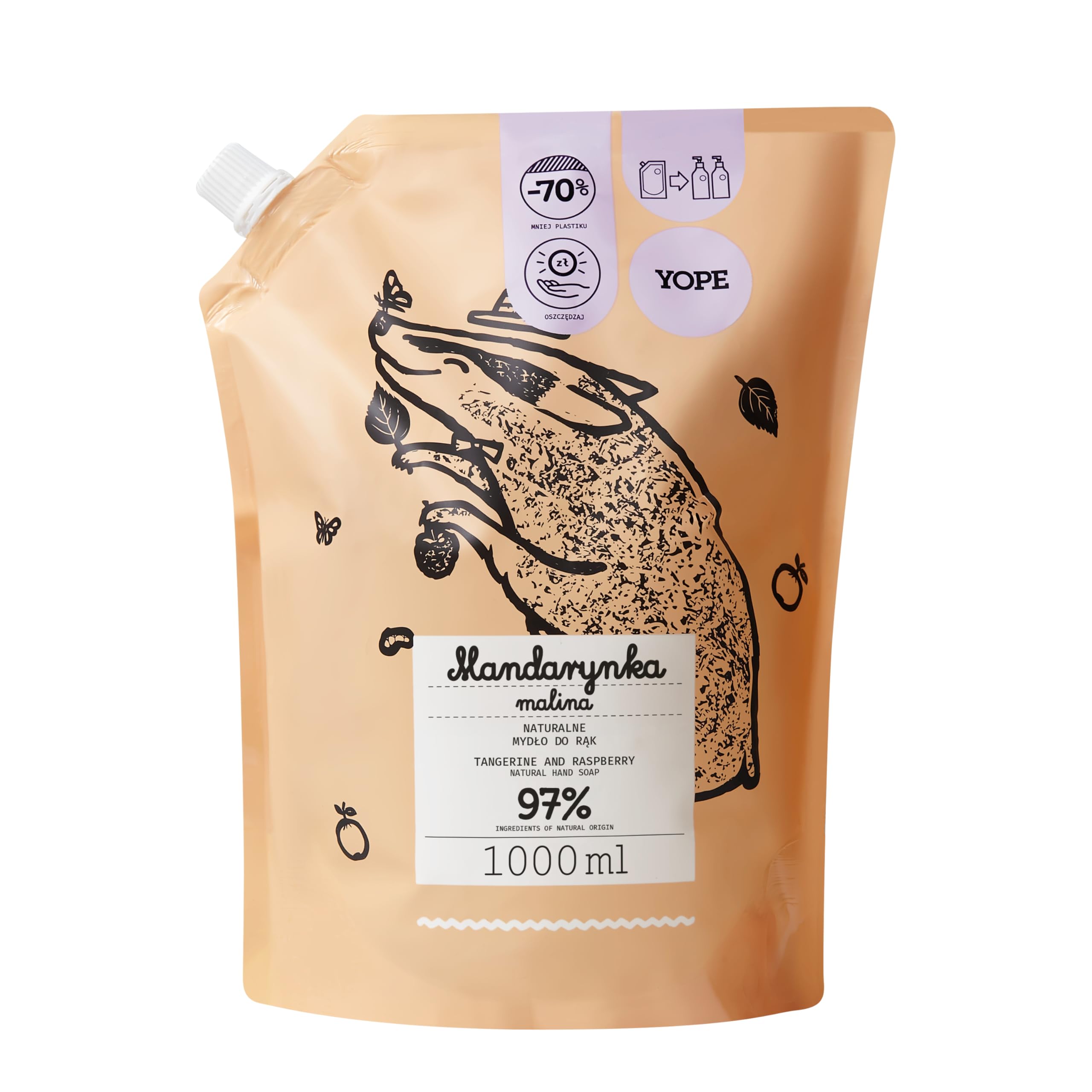 YOPE REFILL HAND WASH | MOISTURIZING | ALLANTOIN,MANDARIN AND RASPBERRY EXTRACT | 97% INGREDIENTS OF NATURAL ORIGIN | VEGAN | SCENT TANGERINE RASPBERRY| 1000ml