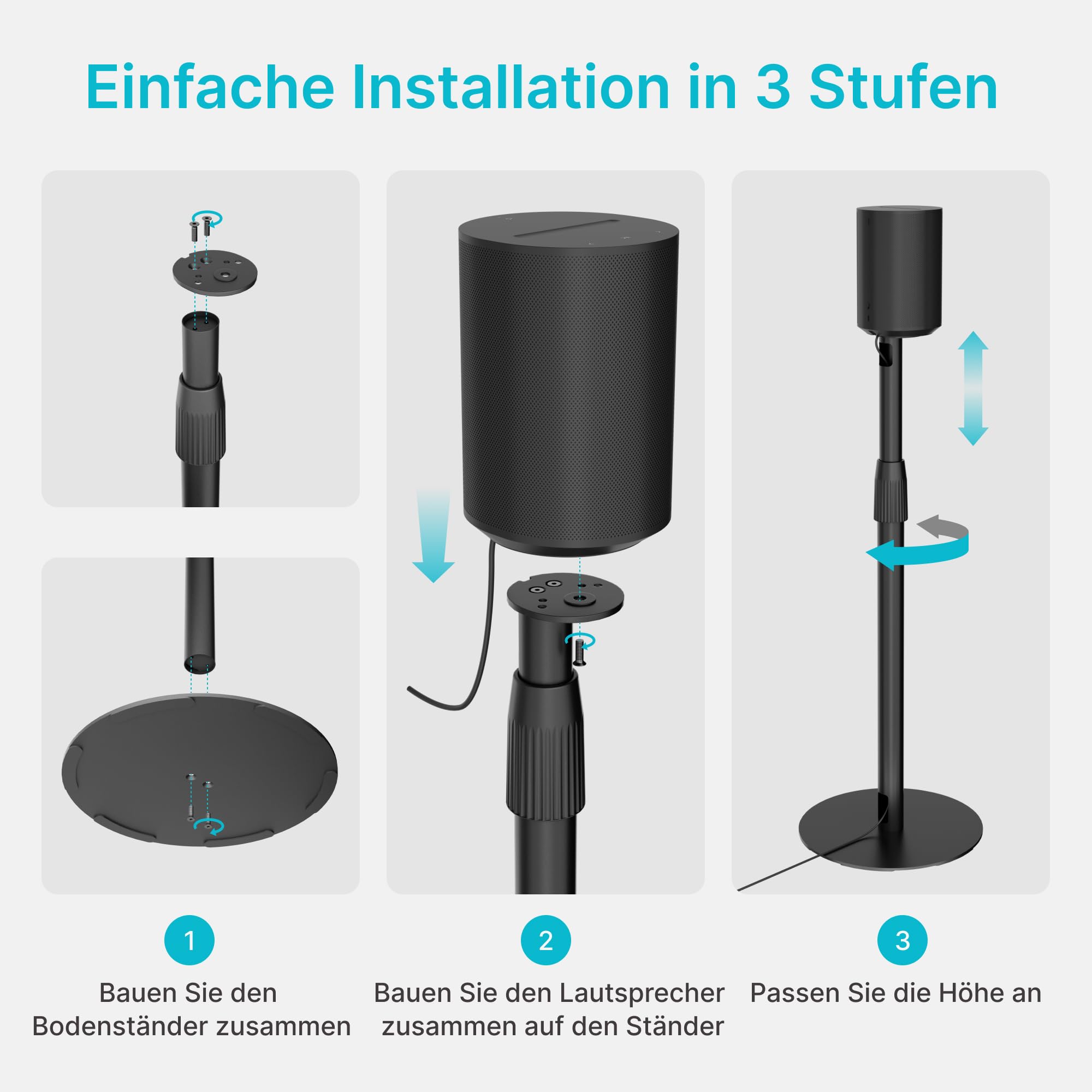 PEGZONE Höhenverstellbare Lautsprecherständer kompatibel mit Sonos Era 100&300, 68,2-106,8 cm, 5 kg Traglast, Anti-Rutsch-Basis Ø 30 cm, Schwarz