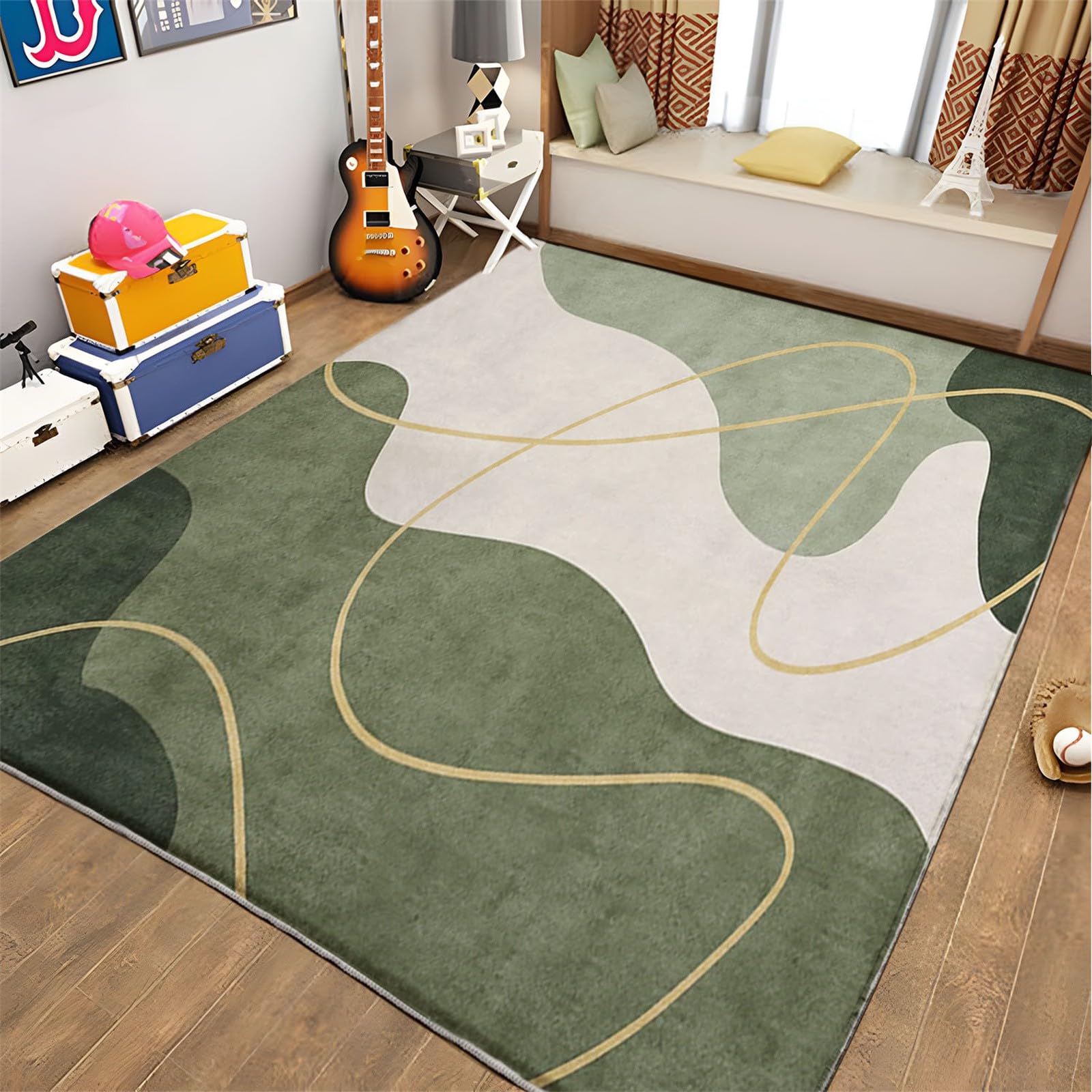 Abstraktes Modernes Design Waschbarer Teppich 120x170cm Wohnzimmer Schlafzimmer Kurzflor rutschfest Flauschig Weich Teppich für Familien mit Kindern Haustieren, HellgrüN Moderne Deko Teppiche